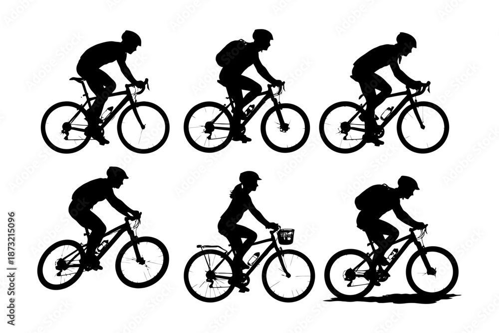 Naklejka premium Silhouettes of cyclists in various riding positions on bicycles.