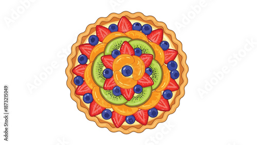 Colorful fruit tart illustration featuring fresh strawberries, kiwi, blueberries, and apricots