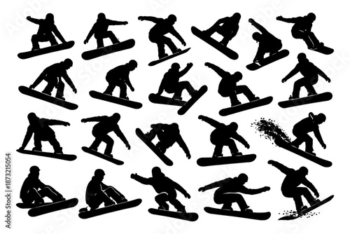 Silhouettes of snowboarders performing tricks and jumps.