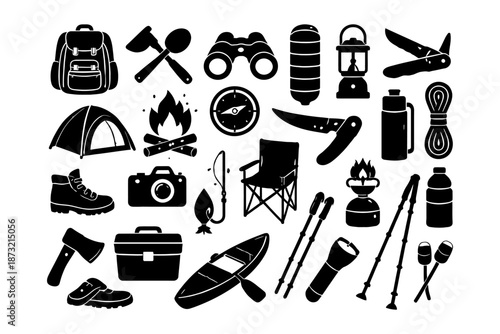 Camping gear icons: backpack, tent, compass, kayak, lantern, outdoor essentials.