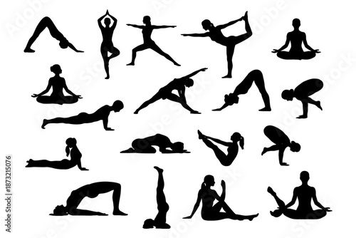 Silhouettes of diverse yoga poses on white background.