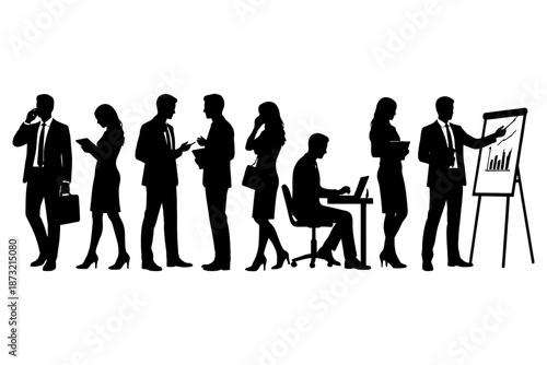 Silhouettes of diverse business professionals in varied office scenarios.
