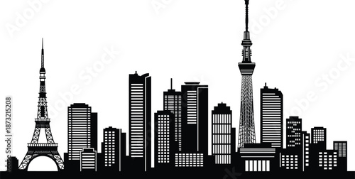 World city skyline silhouette featuring famous landmarks and modern skyscrapers, black cityscape illustration for global travel, architecture, urban business concepts
