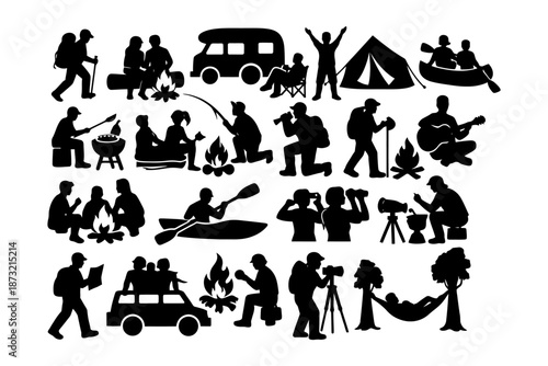 Silhouettes of camping activities in nature: hiking, canoeing, and campfires.