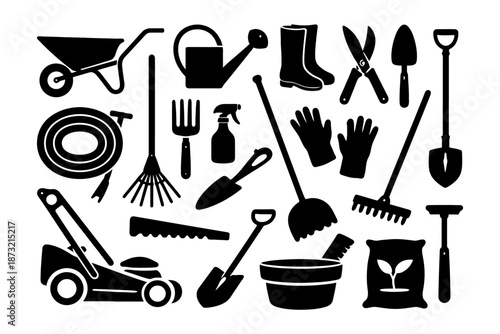 Collection of gardening tools silhouettes: wheelbarrow, shovel, rake, hose, gloves.