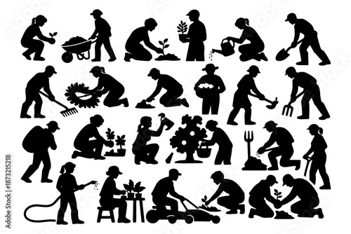 Diverse silhouettes of people gardening and engaging in various outdoor activities.
