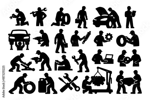 Silhouette icons of mechanics performing car repairs and maintenance tasks.