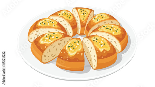Delicious golden brown garlic bread slices arranged artfully on a white plate, showcasing a delightful savory snack perfect for any meal accompaniment