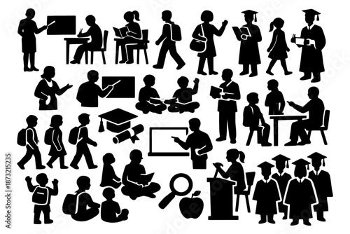 Silhouettes of people in educational settings engaged in learning activities.