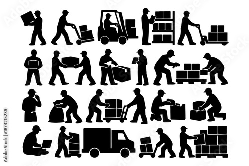 Silhouettes of workers handling packages with forklifts and trolleys.