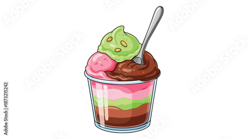 A vibrant, refreshing layered ice cream parfait presented beautifully in a clear glass cup, featuring delightful colorful scoops and an elegant