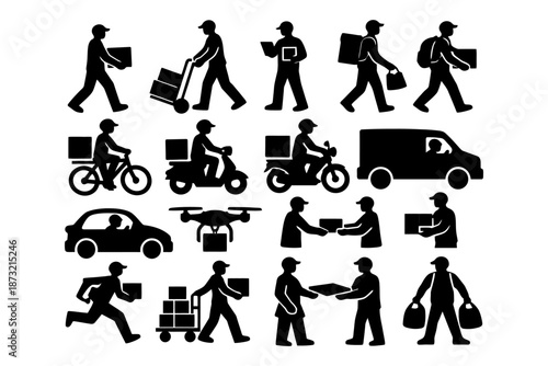 Silhouettes of diverse delivery workers using various transportation methods.
