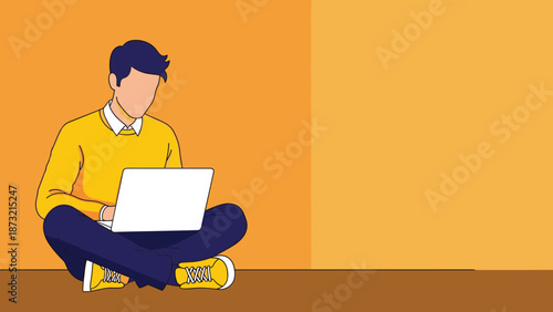 Young man working on laptop in relaxed sitting position