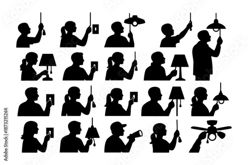 Silhouette figures interacting with lighting fixtures in various activities.