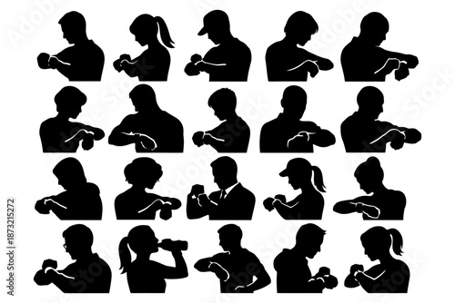 Silhouettes of diverse individuals checking watches in various poses.