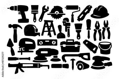 Collection of black silhouette construction tools including drill and hammer.