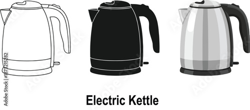 Collection of electric kettles in different styles including outline solid black and brushed metal for kitchen appliance concepts