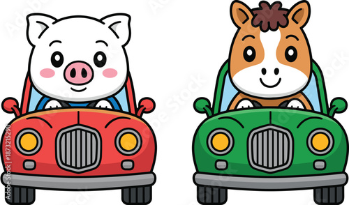 Cute cartoon pig and horse characters driving red and green vintage cars for fun travel transportation and road trip concept vector