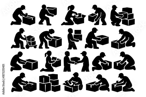 Silhouettes of people packing and organizing boxes in various poses.