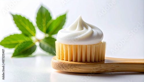 Toothbrush with Mint Toothpaste Swirl and Fresh Leaves