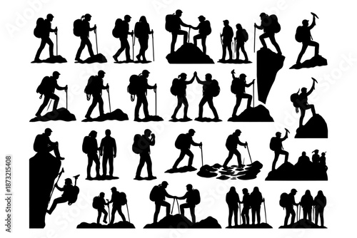 Silhouettes of adventurous hikers and climbers on mountain terrain.