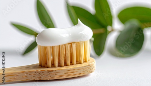 Toothbrush with Mint Toothpaste Swirl and Fresh Leaves