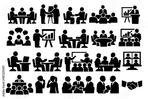 Business meeting icon set: presentations, discussions, and collaboration.