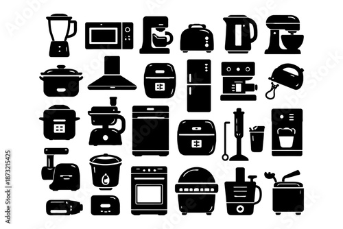 Collection of kitchen appliances icons - blender, toaster, oven, mixer, refrigerator.
