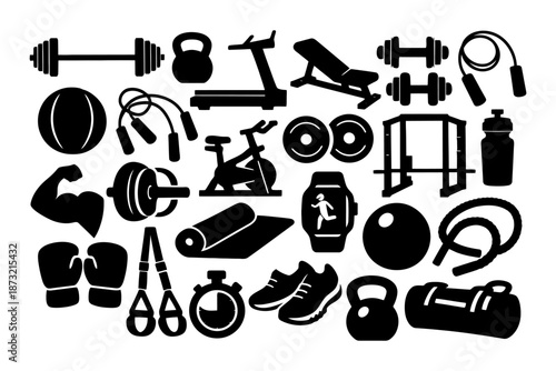 Silhouette collection of diverse gym and fitness equipment icons.