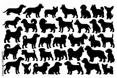 Collection of diverse dog breeds silhouettes in various poses.