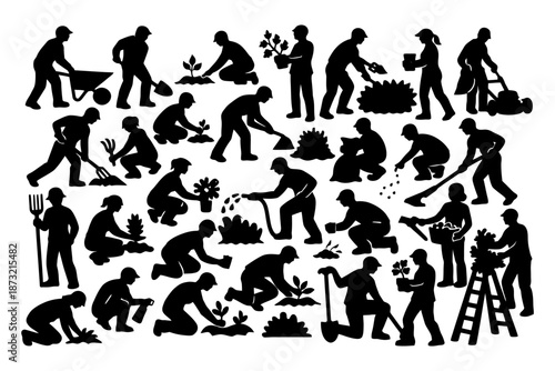 Silhouette gardeners engaged in various landscaping activities.