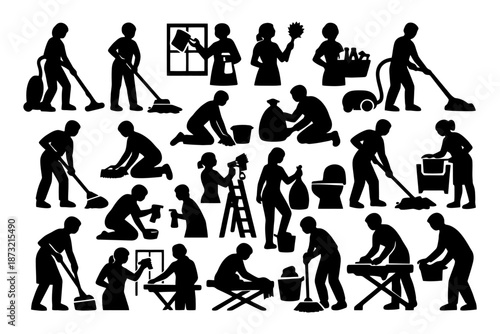 Silhouette illustrations of people performing various household chores.
