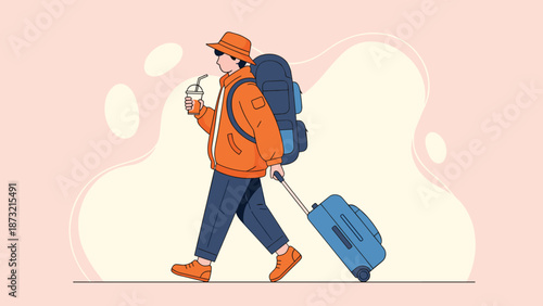 Young traveler walking with luggage and drink in hand