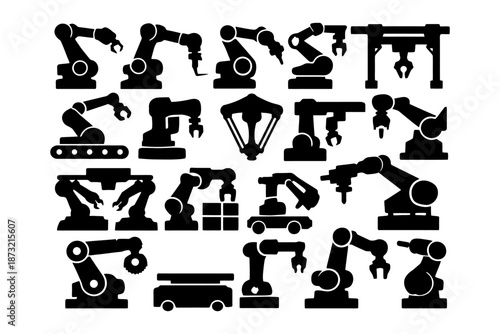 Collection of industrial robotic arm silhouettes for manufacturing and automation.
