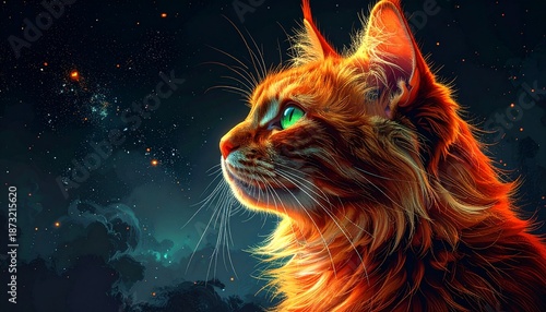 Majestic Glowing Cat Portrait with Dramatic Lighting and Fantasy Background