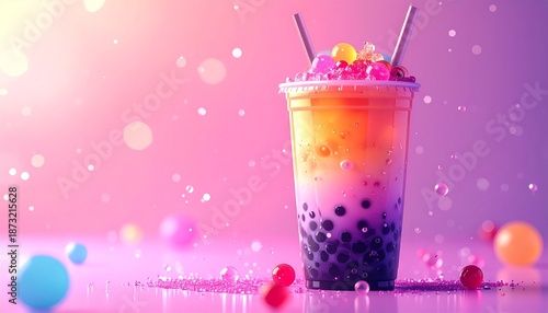 Colorful Bubble Tea Drink with Tapioca Pearls on Pastel Background