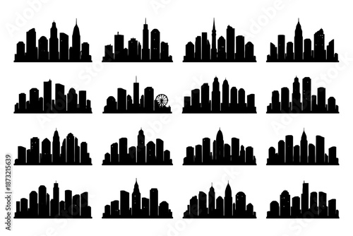 Set of sixteen black silhouette city skylines with diverse building designs.