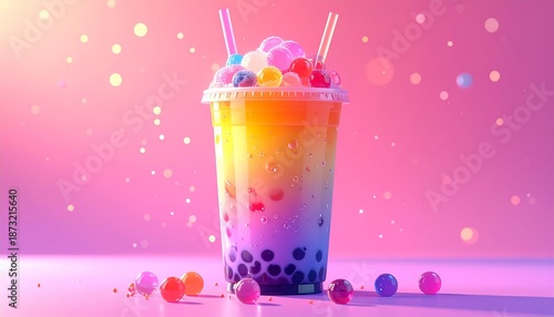 Colorful Bubble Tea Drink with Tapioca Pearls on Pastel Background