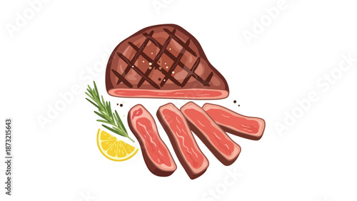 Grilled steak illustration with succulent slices, fresh rosemary, and a vibrant lemon wedge. Ideal culinary presentation for menus or food dishes.