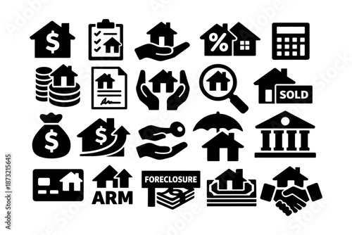 Real estate and financial icons: mortgage, loan, and property symbols.
