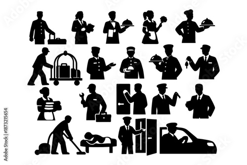 Silhouette icons of hotel staff performing various hospitality roles.