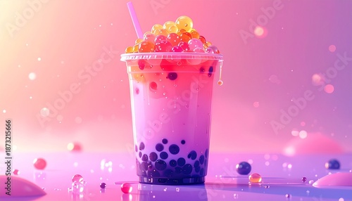 Colorful Bubble Tea Drink with Tapioca Pearls on Pastel Background