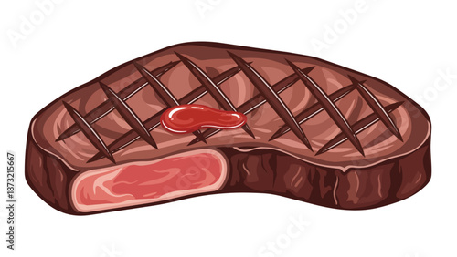 Cartoon grilled steak with char marks and red sauce, showcasing a tender, juicy interior. This vivid illustration is perfect for menus, food blogs,