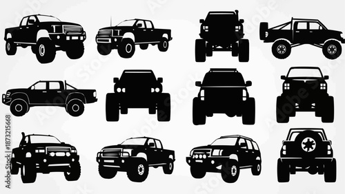 Collection of Black Silhouettes of Off Road Trucks and SUVs.