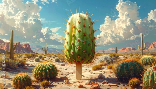 Surreal Desert Landscape with Colorful Cactus and Dramatic Sky