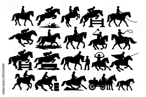 Equestrian silhouettes: horseback riding and jumping activities.