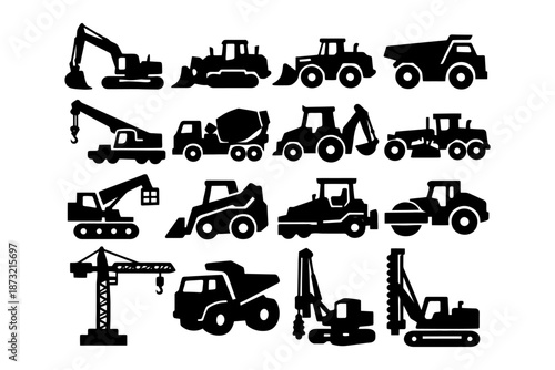 Silhouettes of heavy construction machinery: cranes, excavators, trucks, and more.
