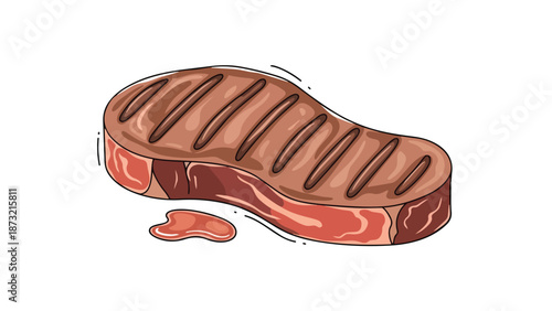An appetizingly rendered illustration of a perfectly cooked steak displaying prominent grill marks and succulent meat juices, perfect for culinary