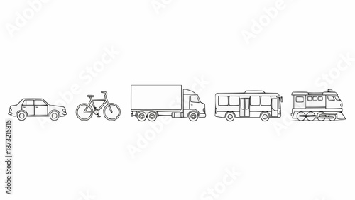 Collection of diverse transportation vehicles line art.