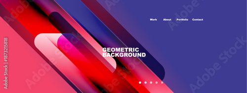Abstract geometric shapes, vibrant colors, modern design. Website header with navigation elements, text overlay present.